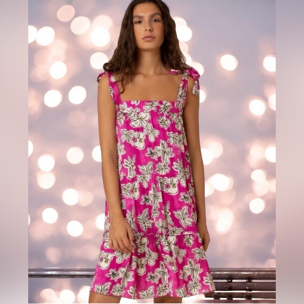 FRNCH Reina Viola Sundress Dress XS Tiers Coquette Hot Pink Floral Italy Y2K